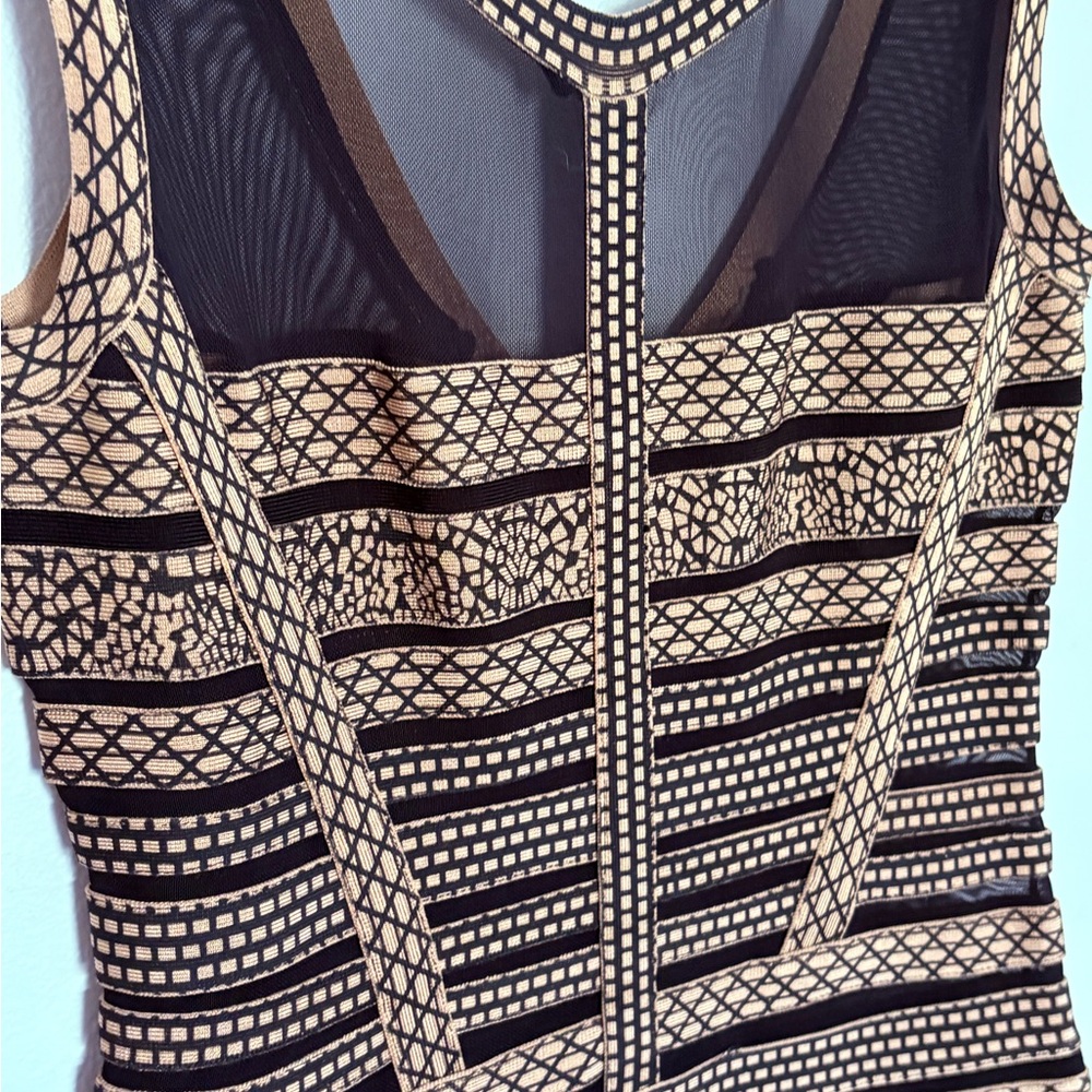 Herve Leger style Black and Beige Striped Bandage Mini Dress - Picture 2 of 5